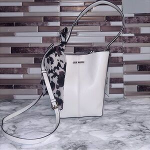 Steve Madden White Leather Crossbody Bucket Bag with Printed Scarf Accent